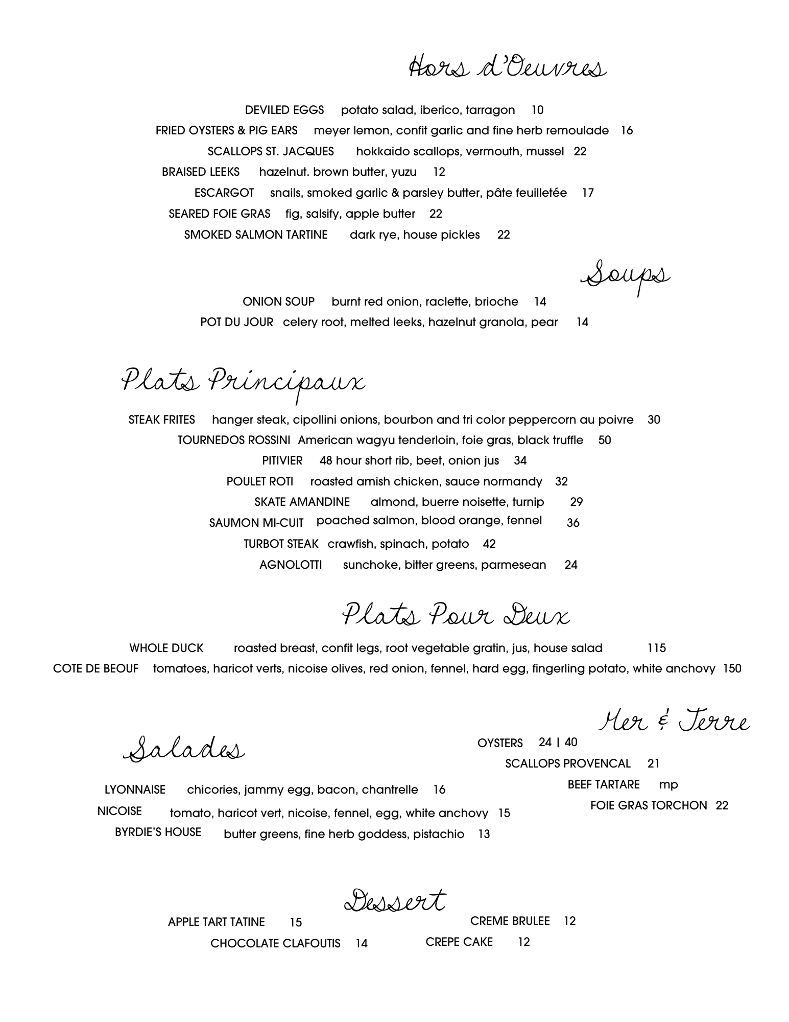 Byrdie's Dinner Menu